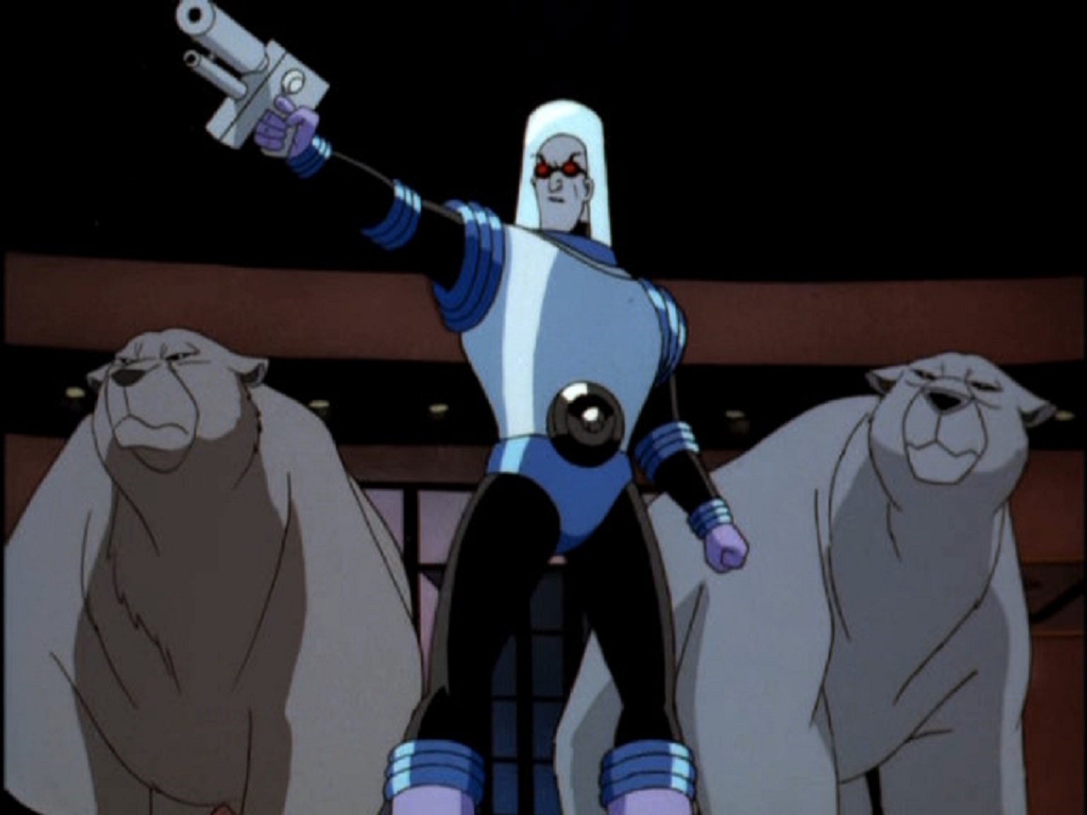 Mr Freeze accompanied by polar bears in Batman and Mr Freeze SubZero (1998)