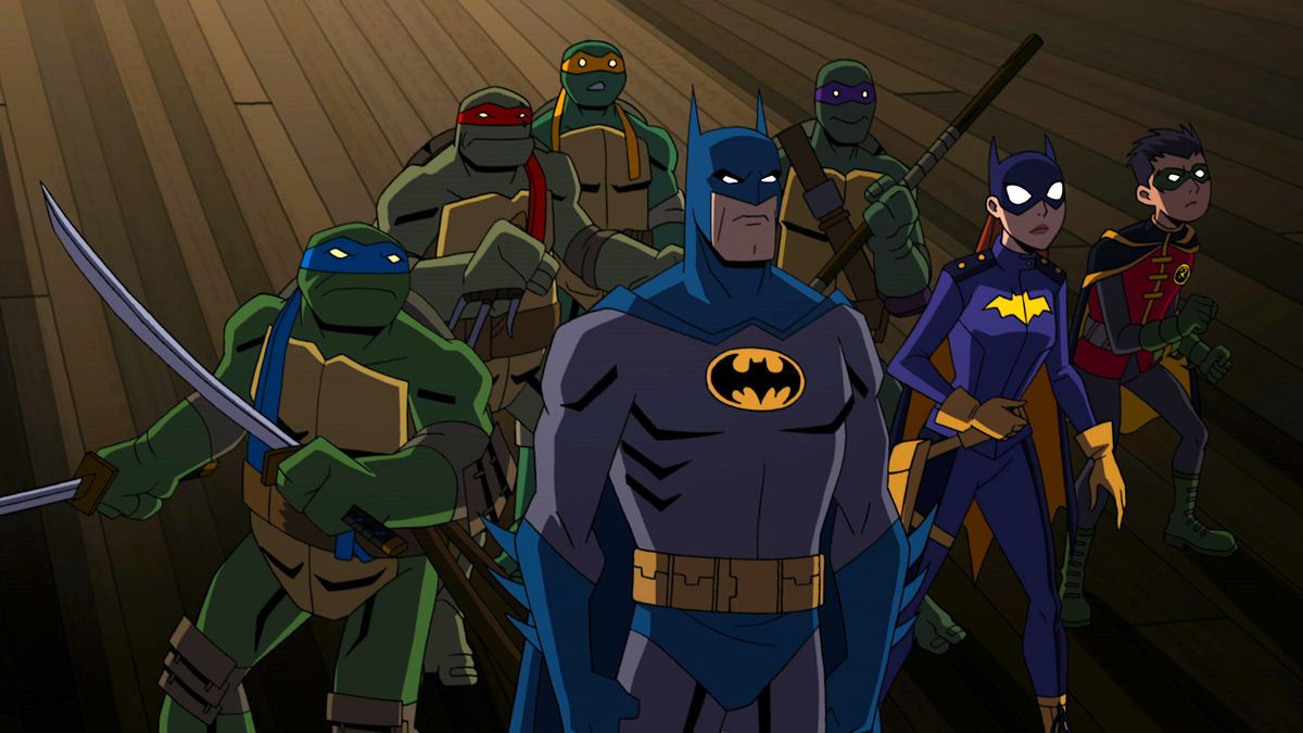 The Teenage Mutant Ninja Turtles - (l to r) Leonardo, Raphael, Michelangelo and Donatello; front row - (l to r) Batman, Batgirl and Robin in Batman vs Teenage Mutant Ninja Turtles (2019)