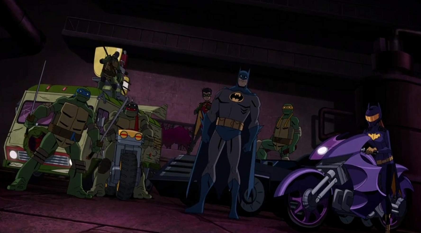 The Teenage Mutant Ninja Turtles prepare to go into action alongside Batman, Robin and Batgirl in Batman vs Teenage Mutant Ninja Turtles (2019)