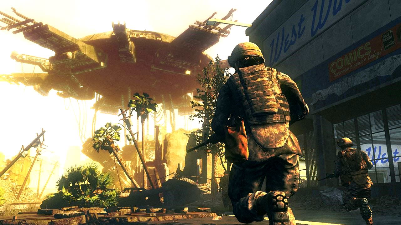 Soldiers cross the battle zone beneath an alien ship in Battle Los Angeles (2011)