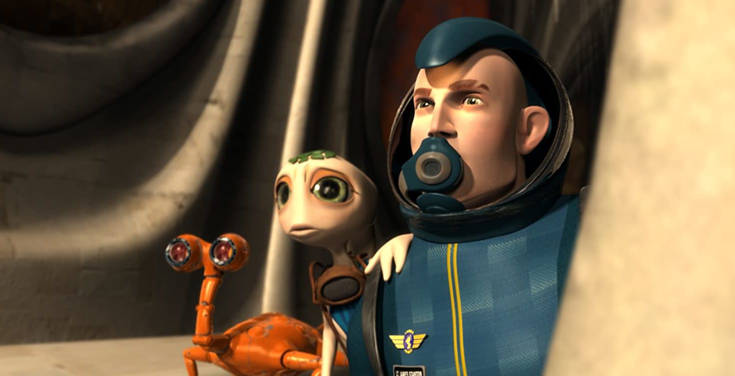 The robot Giddy (voiced by David Cross), the Terran Mala (voiced by Evan Rachel Wood) and the human astronaut James Stanton (voiced by Luke Wilson) in Battle for Terra (2007)