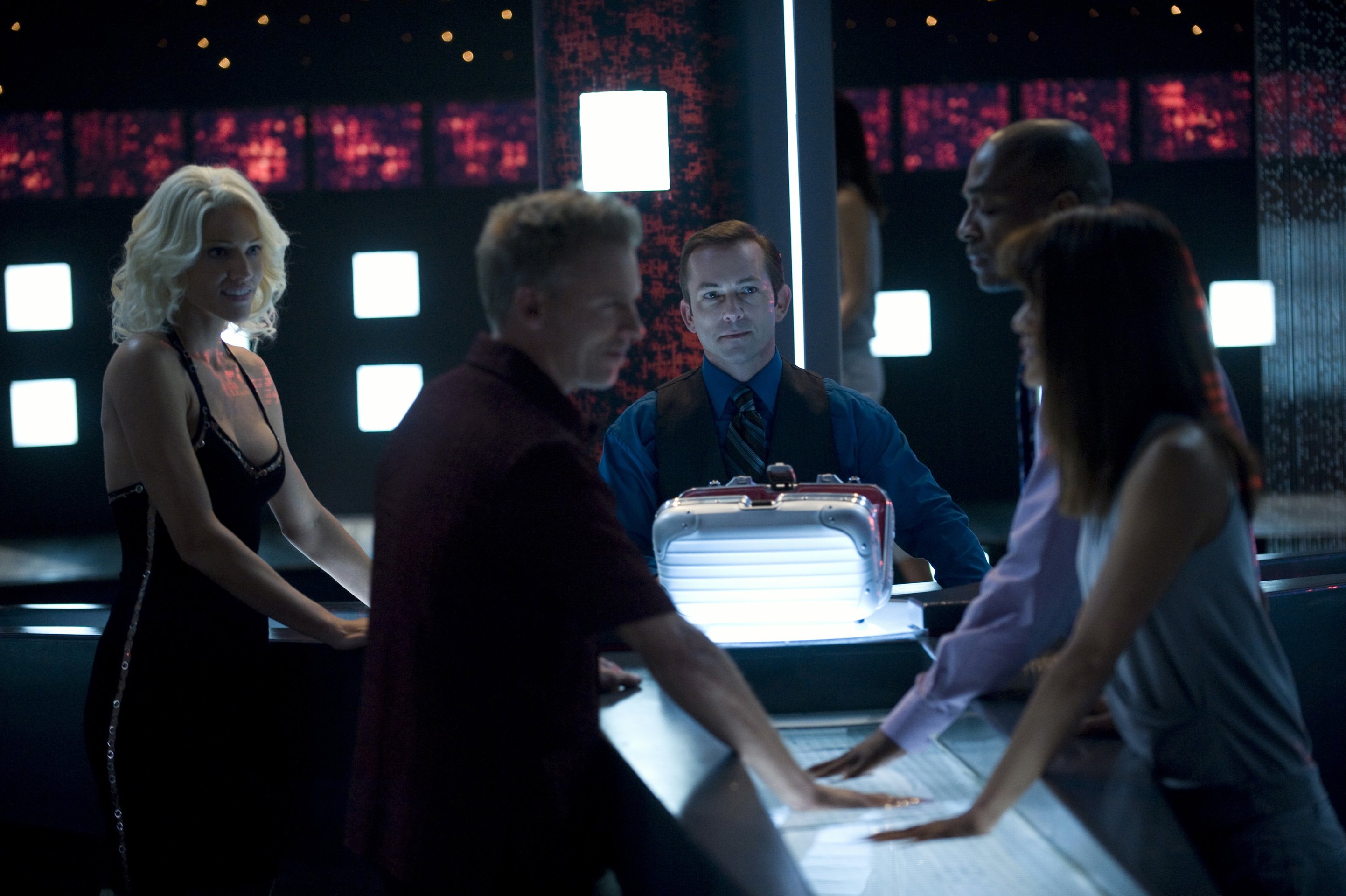 The Cylons - (l to r) No 6 (Tricia Helfer), No 2 (Callum Keith Rennie), No 5 (Matthew Bennett), No 4 (Rick Worthy) and Sharon Valerii (Grace Park) in Battlestar Galactica: The Plan (2009)