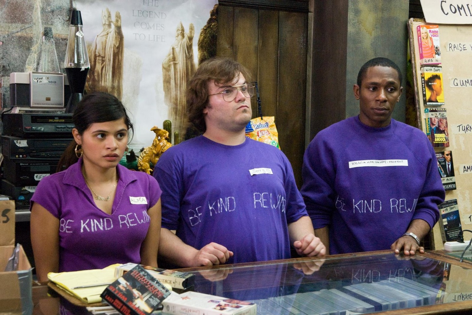 Videostore employees - (l to r) Melonie Diaz, Jack Black and Mos Def in Be Kind Rewind (2008)