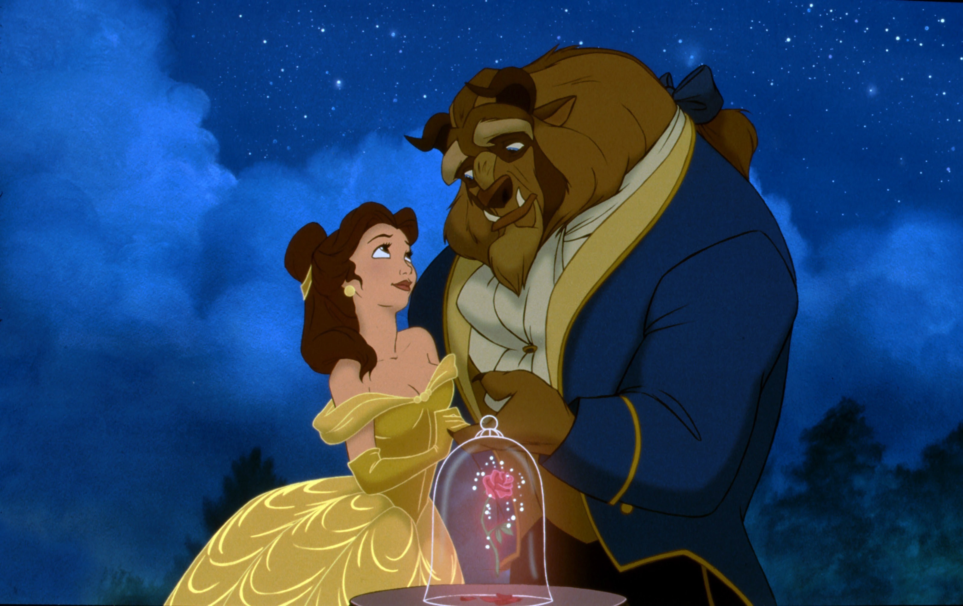 Belle (voiced by Paige O’Hara) and the Beast (voiced by Robby Benson) in Beauty and the Beast (1991)