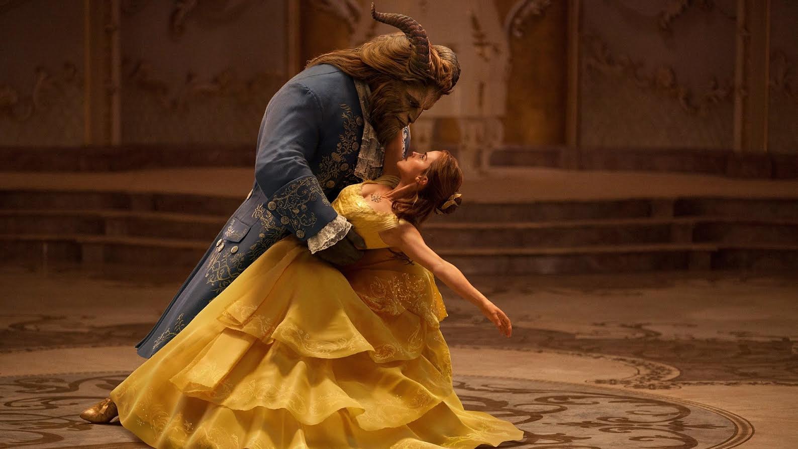 The Beast (Dan Stevens) dances with Beauty (Emma Watson) in Beauty and the Beast (2017)