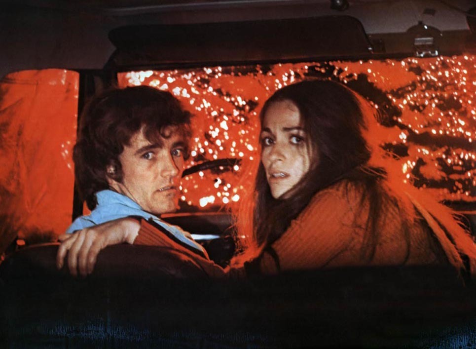 Robert Walker and Gwynne Gifford and trapped in a car surrounded by The Blob in Beware! The Blob (1972)