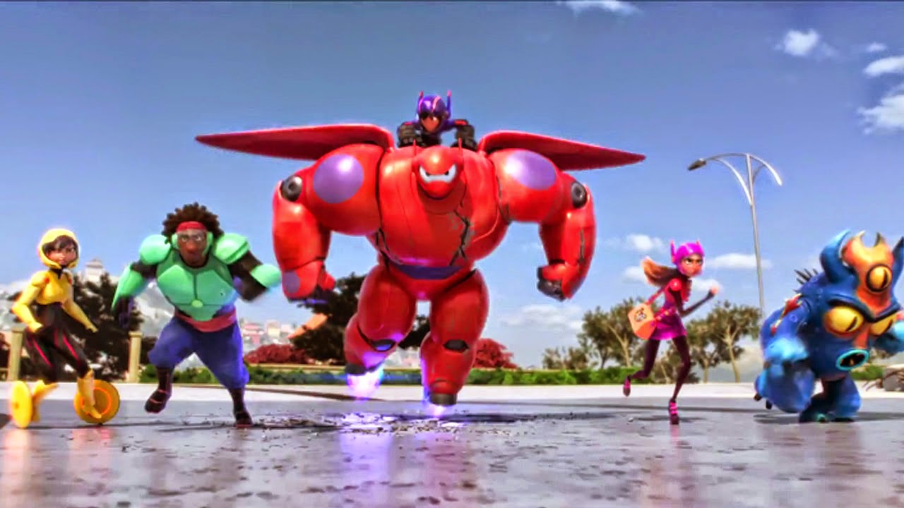 The Big Hero 6 line-up - (l to r) GoGo Tomago, Wasabi, Hiro aboard Baymax, Honey Lemon and Fred in Big Hero 6 (2014)