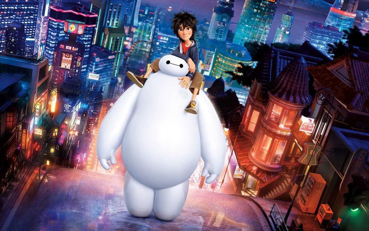 Hiro (voiced by Ryan Potter) and Baymax (voiced by Scott Adsit) against the background of San Fransokyo in Big Hero 6 (2014)