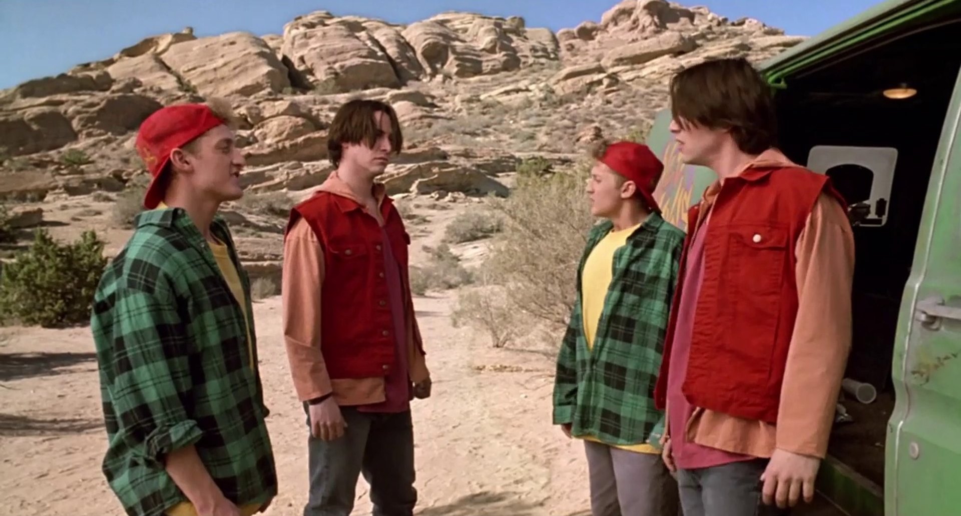 Bill (Alexander Winter) and Ted (Keanu Reeves) meet their android duplicates in Bill and Ted's Bogus Journey (1991)