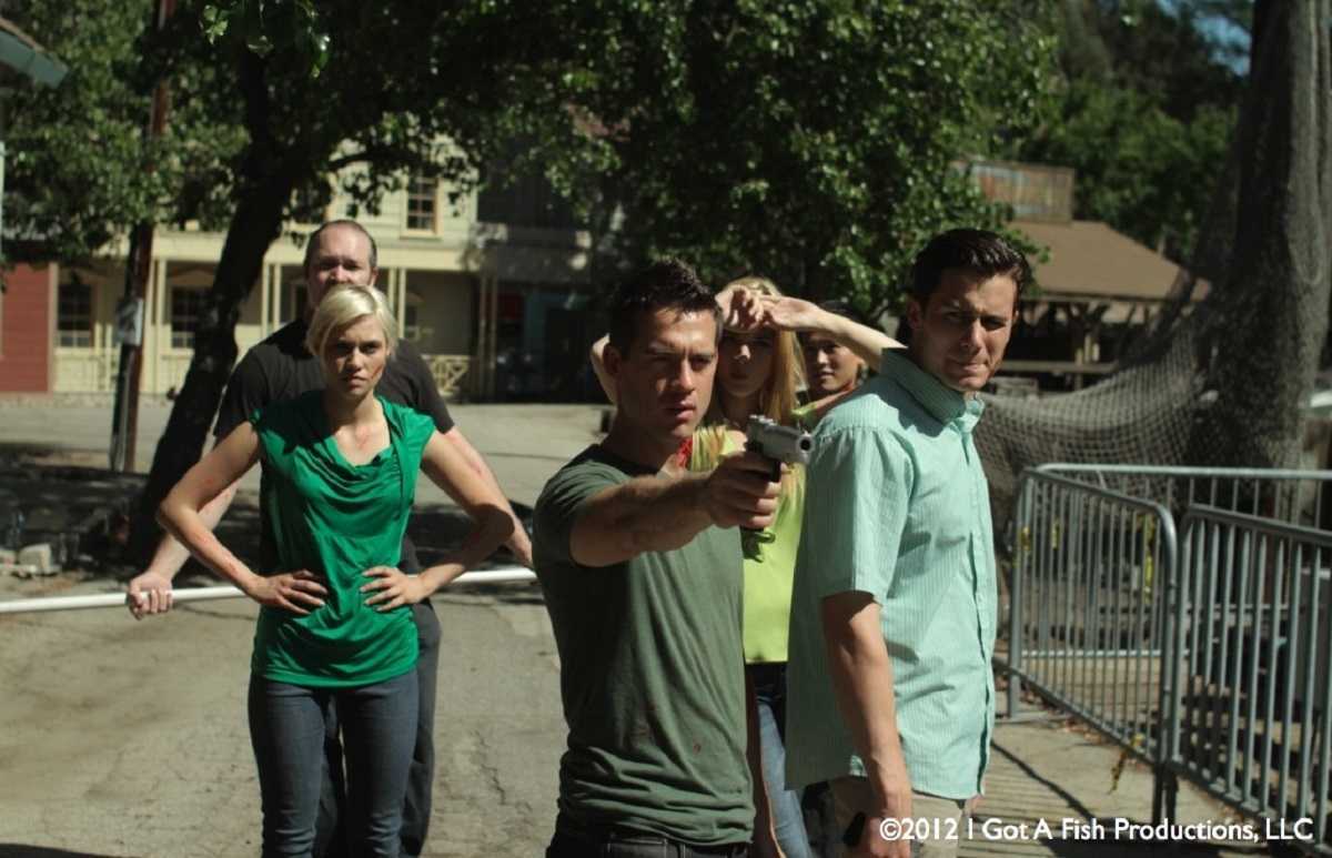 Facing the bird attacks - (l to r front) Whitney Moore, Thomas Favaloro and Alan Bagh in Birdemic 2: The Resurrection (2013)