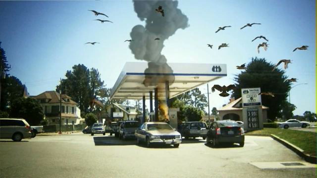 Bird attacks in Birdemic Shock and Terror (2008) - note the shoddy double-exposure of the explosion in the centre of the frame