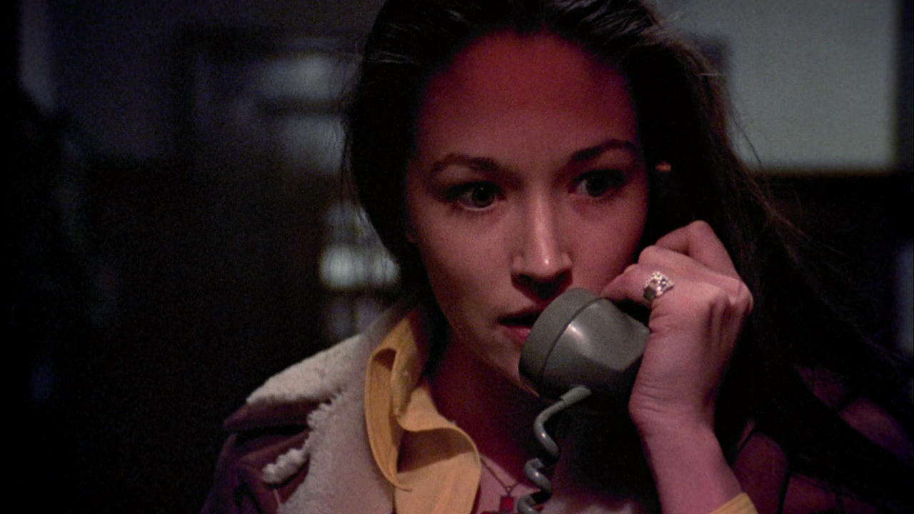 A fear-filled Olivia Hussey on the phone in Black Christmas (1974)