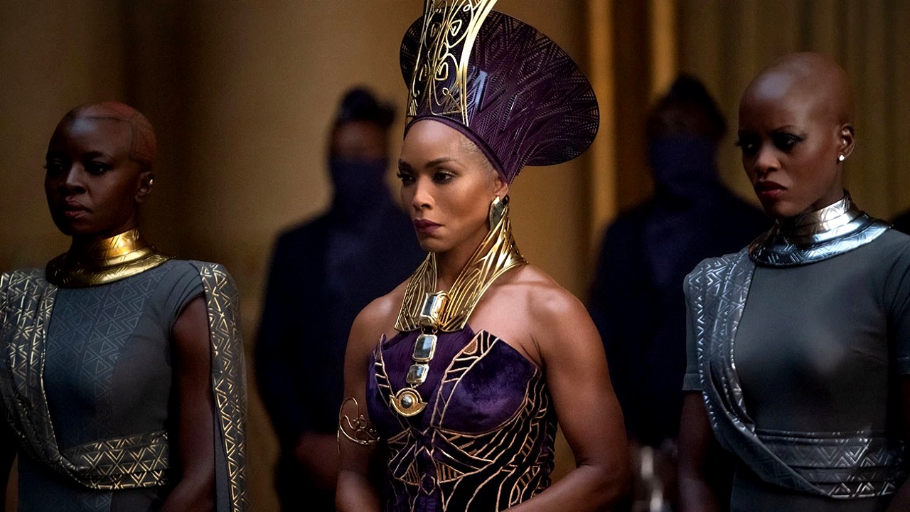 Ramonda (Angela Bassett) becomes the queen with Danai Gurira and Florence Kasumba in Black Panther: Wakanda Forever (2022). 