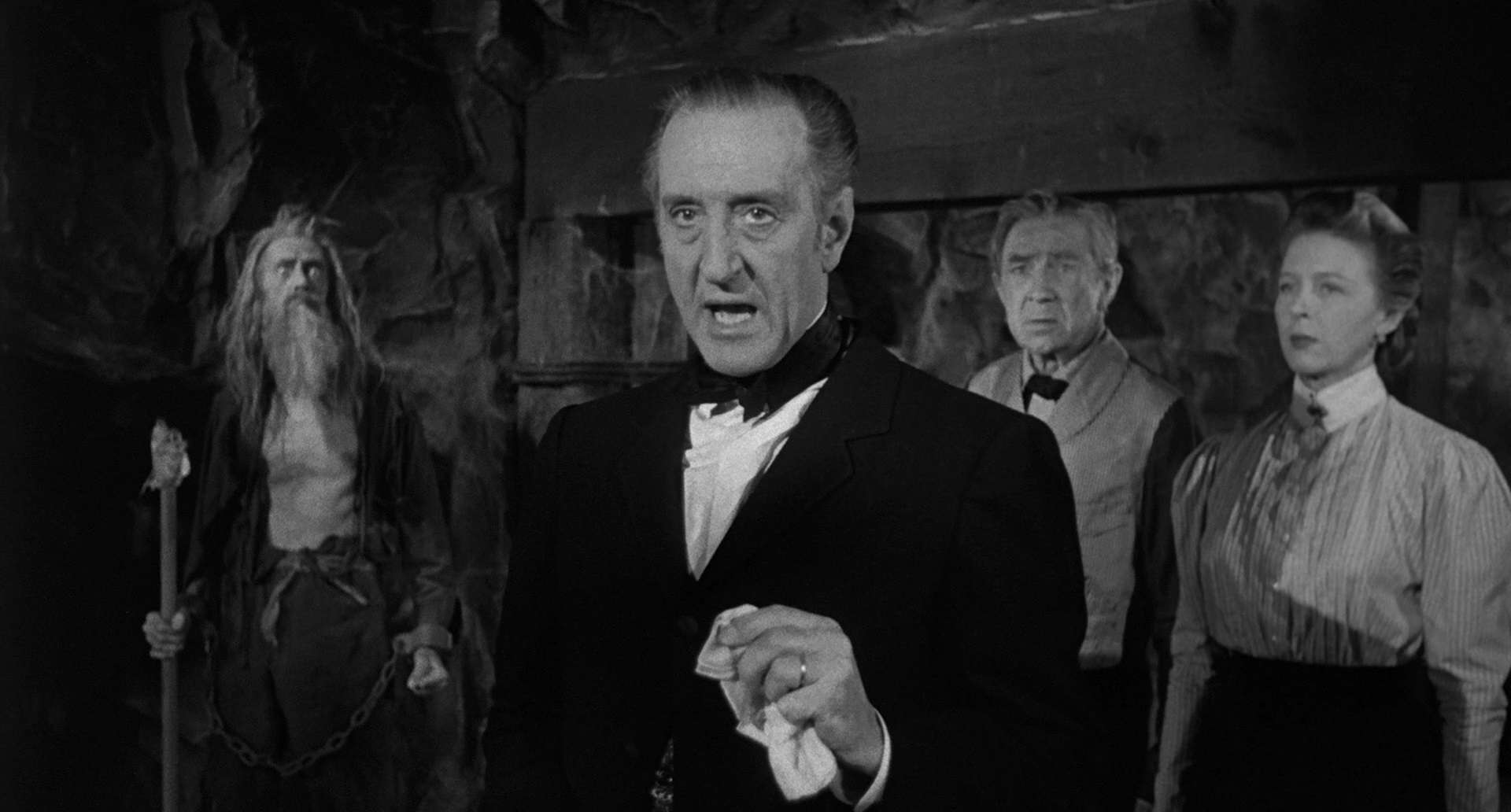 Dr Cadman (Basil Rathbone (c) with (background l to r) John Carradine, Bela Lugosi and Phyllis Stanley in The Black Sleep (1956)
