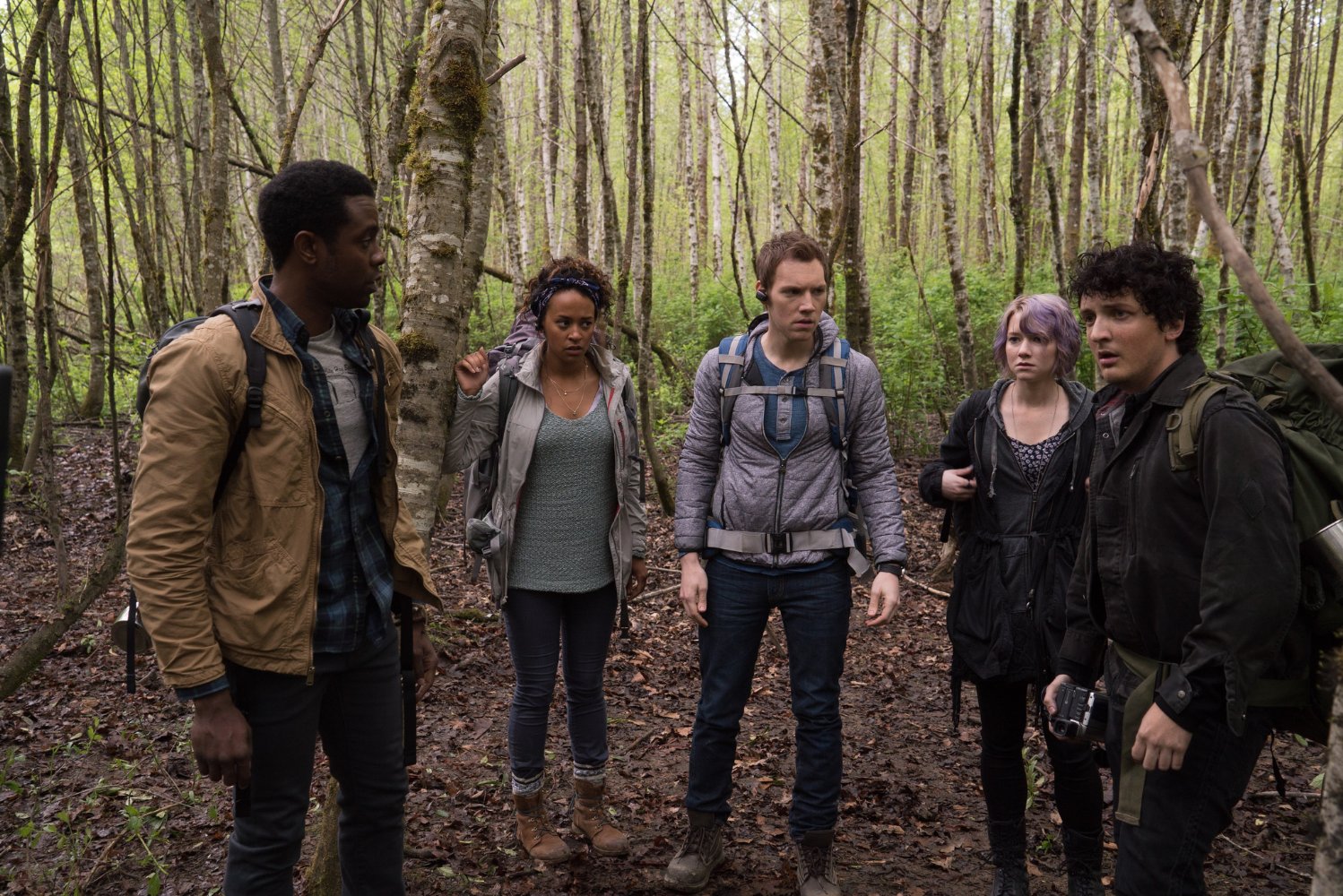 A new party venturing into the Burkittsville woods - (l to r) Brandon Scott, Corbin Reid, James Allen McCune, Valorie Curry and Wes Robinson - in Blair Witch (2016)