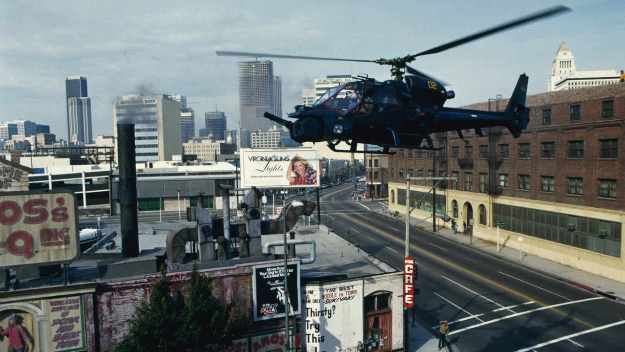 The Blue Thunder in action in the skies of Los Angeles in Blue Thunder (1983)