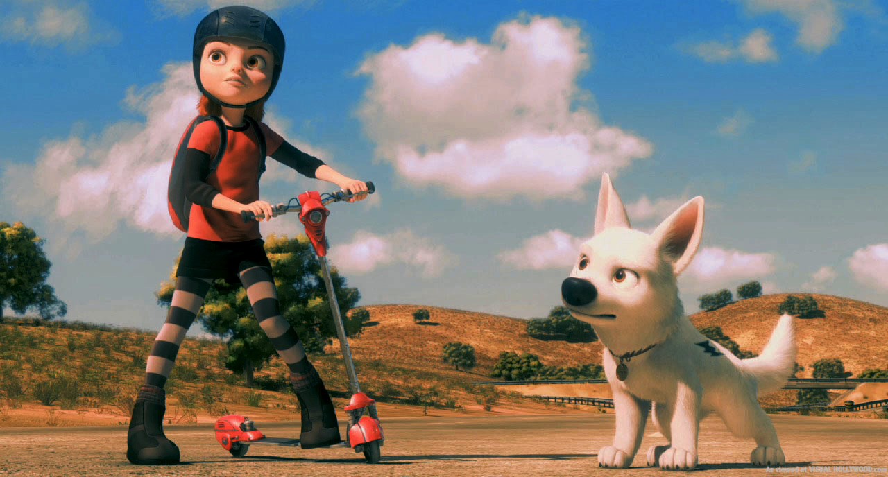 Penny (voiced by Miley Cyrus) and Bolt (voiced by John Travolta) in Bolt (2008)