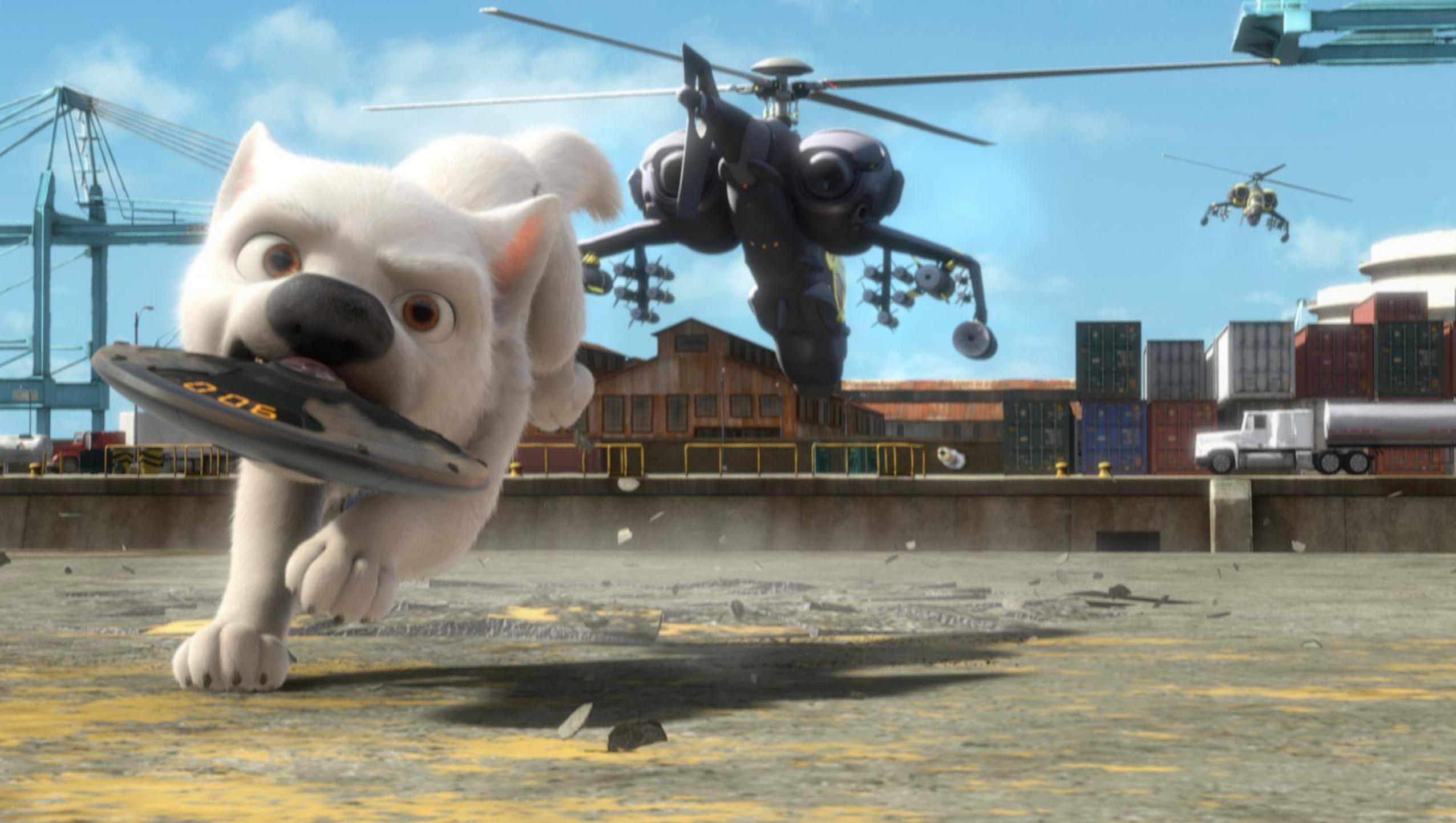 Bolt (voiced by John Travolta) the tv star dog who believes he has superpowers in Bolt (2008)