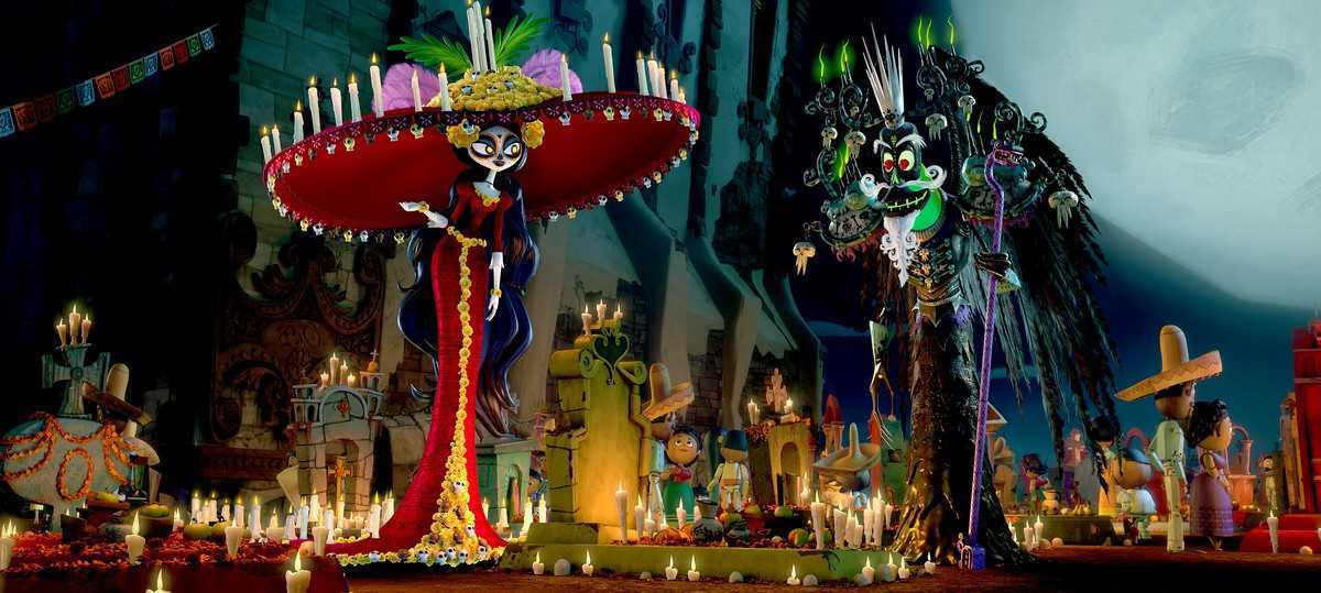 La Muerte (voiced by Kate del Castillo) and Xibalba (voiced by Ron Perlman) in The Book of Life (2014)