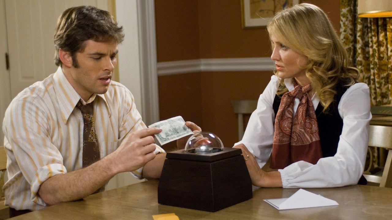 Arthur and Norma Lewis (James Marsden and Cameron Diaz) contemplating pushing the button on The Box (2009)