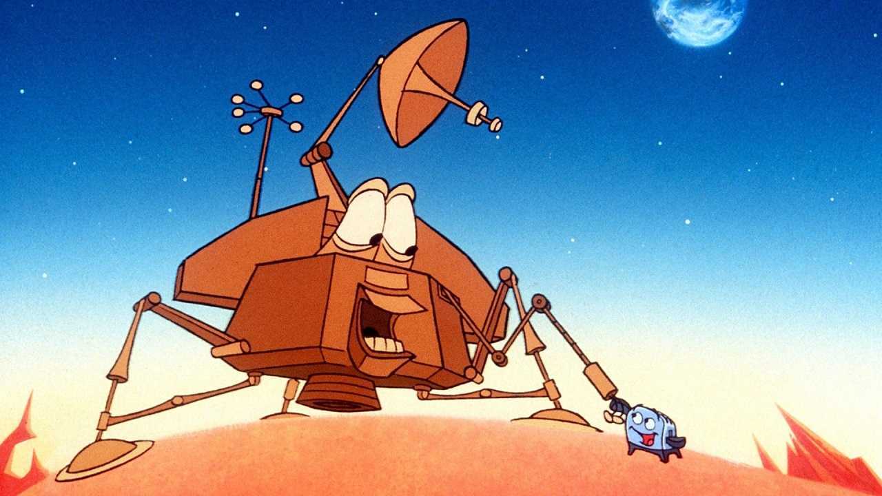 Toaster (voiced by Deanna Oliver) meets the Viking Lander (voiced by DeForest Kelley) in The Brave Little Toaster Goes to Mars (1997)