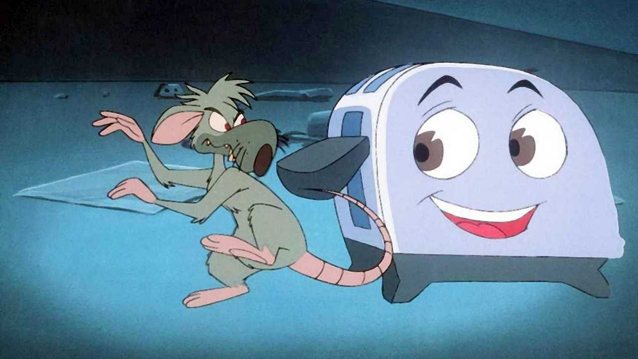 Toaster (voiced by Denna Oliver) and Ratso the Rat (voiced by Andy Milder) in The Brave Little Toaster to the Rescue (1997)