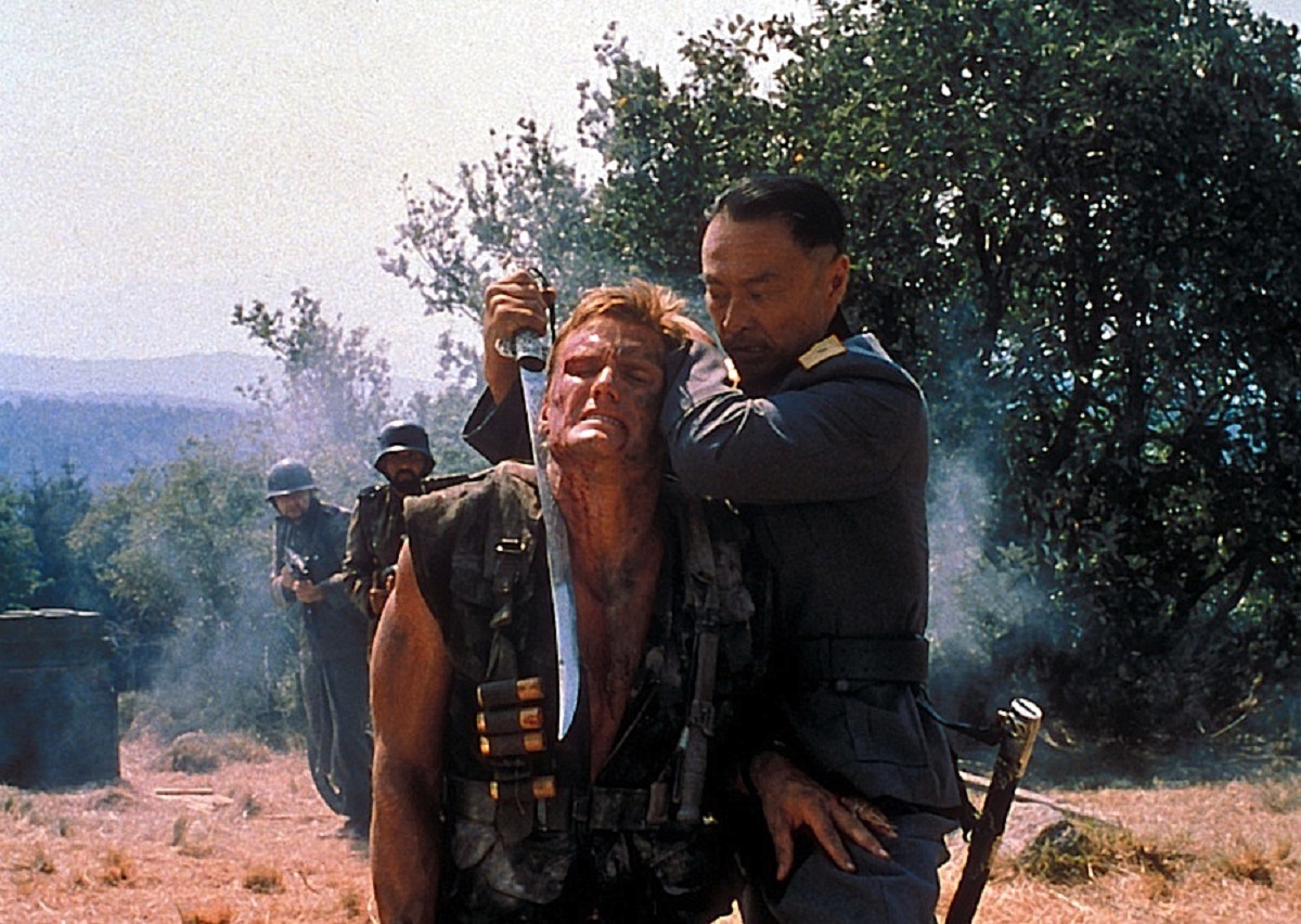 (l to r) Warchild (Dolph Lundgren) is threatened by General Ruechang (Cary-Hiroyuki Tagawa) in Bridge of Dragons (1999)