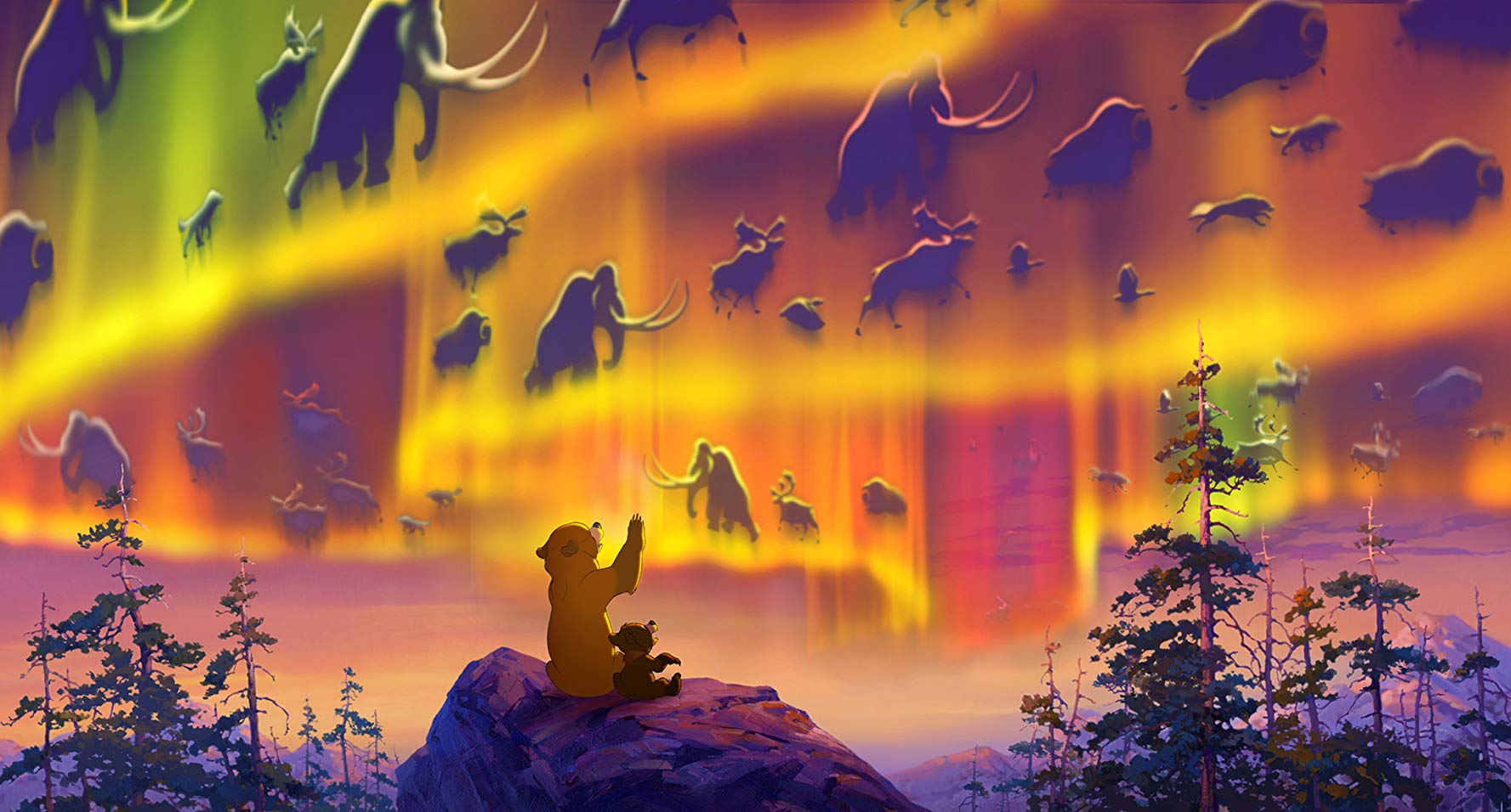 Kenai and Koda watch the aurora borealis in Brother Bear (2003)