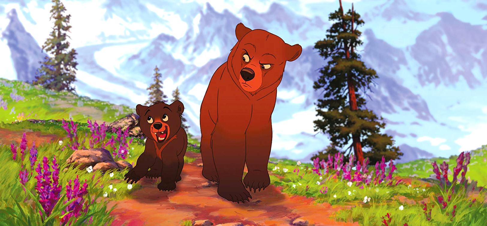 Kenai (voiced by Joaquin Phoenix), the Inuit warrior transformed into a bear (r), and his young ward Koda (voiced by Jeremy Suarez) in Brother Bear (2003)