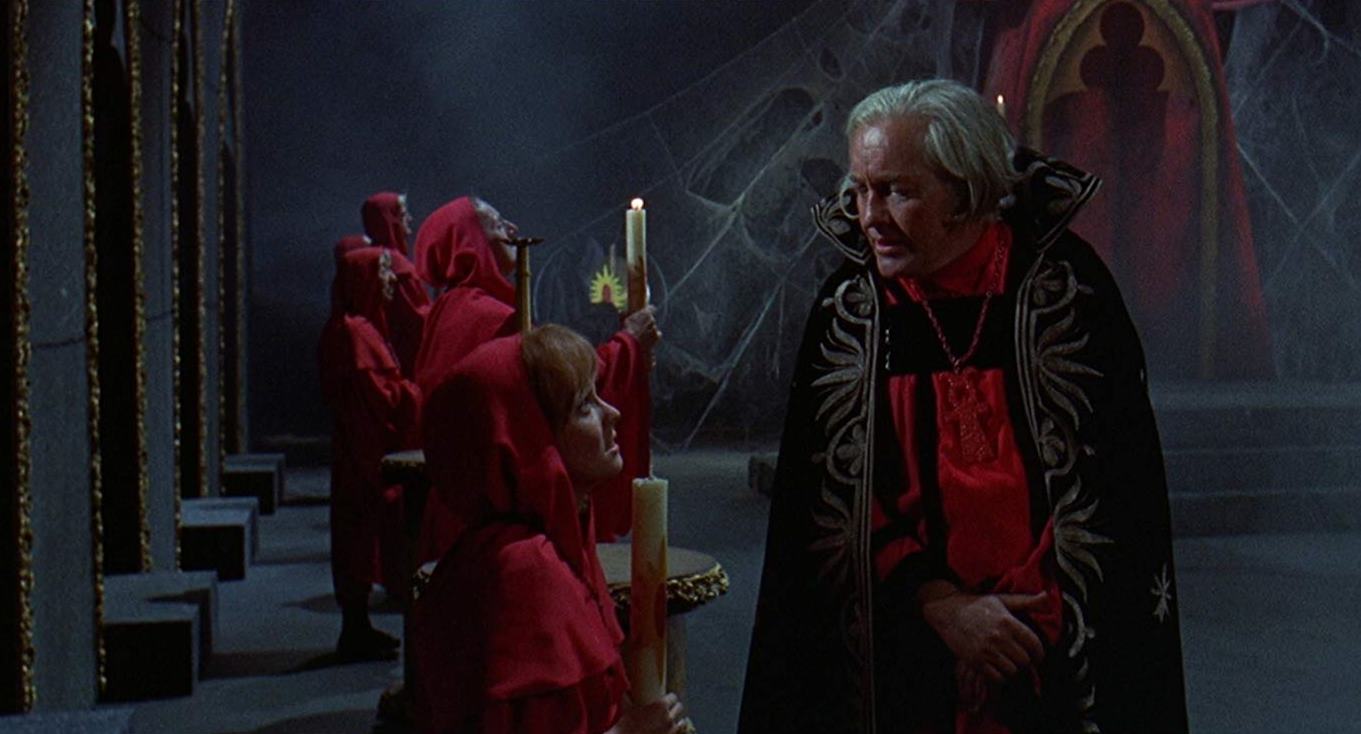 Satanist coven leader Strother Martin and his followers in Brotherhood of Satan (1971)