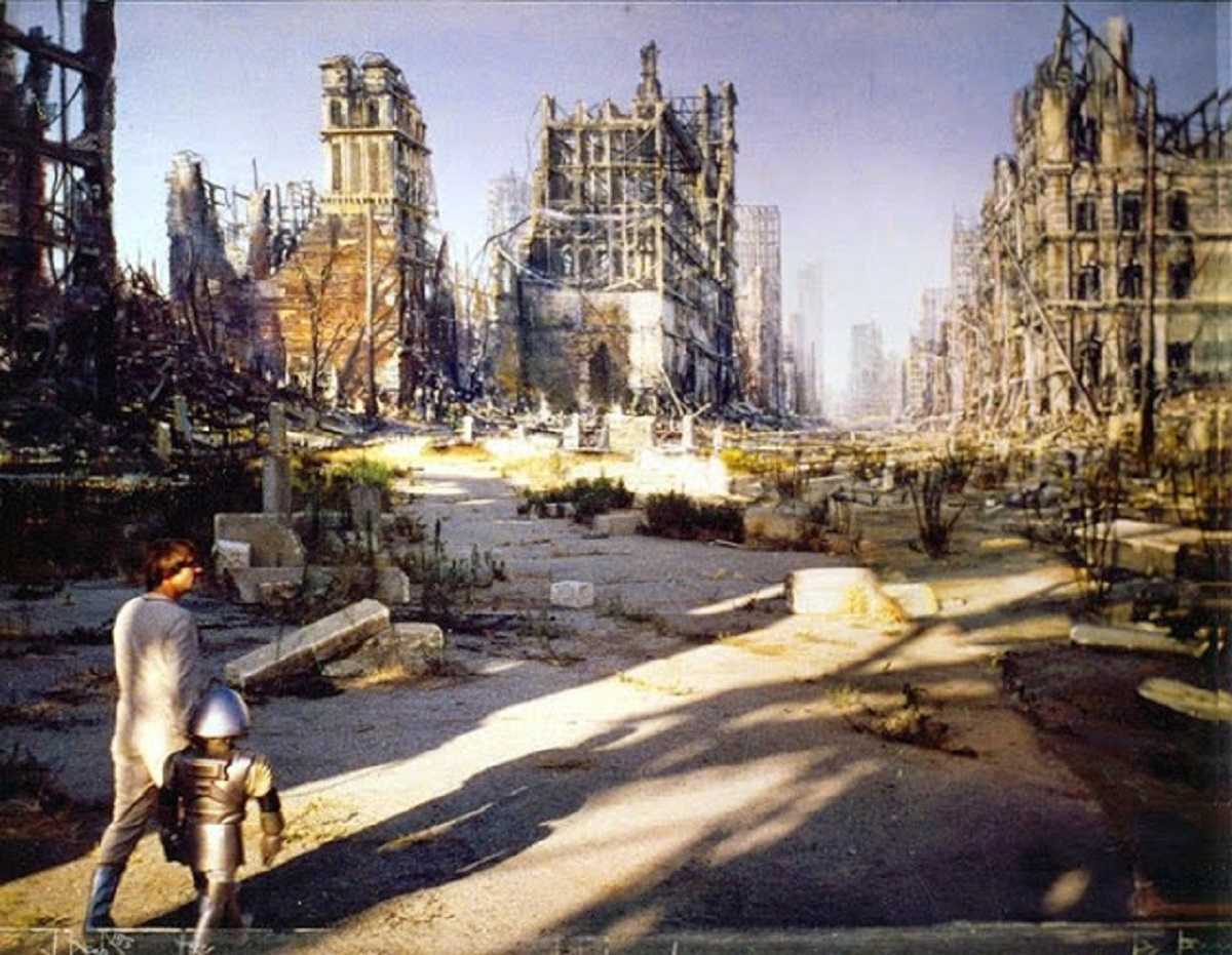 Buck Rogers (Gil Gerard) and Twiki (Felix Silla) visit the ruins of Chicago in Buck Rogers in the 25th Century (1979)