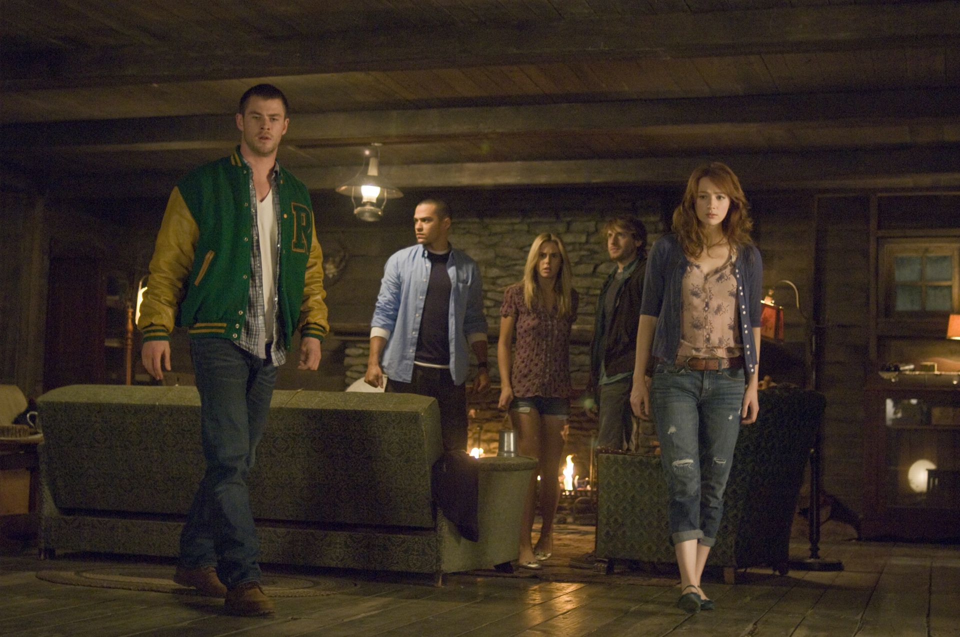 Chris Hemsworth, Jesse Williams, Anna Hutchison, Fran Kranz and Kristen Connolly in The Cabin in the Woods (2012)