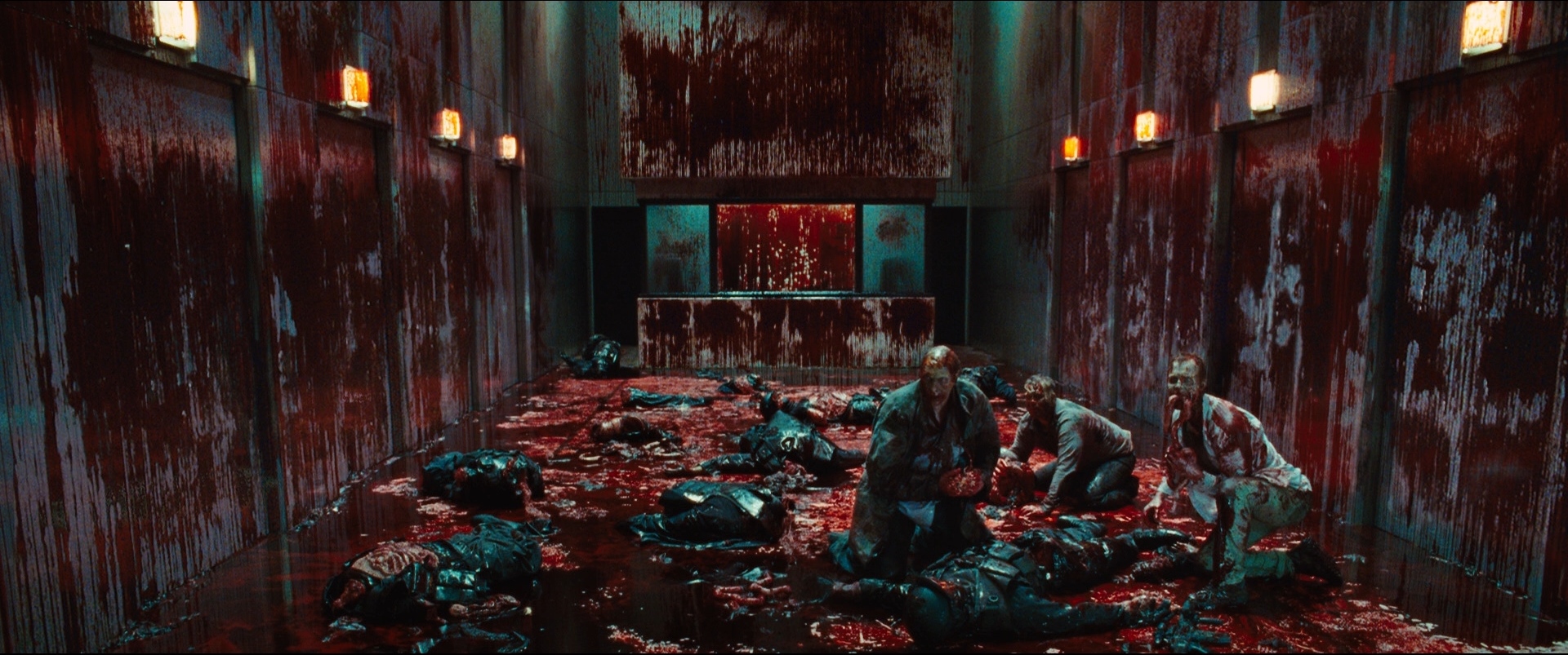 The climactic bloodbath in the laboratory in Cabin in the Woods (2012)