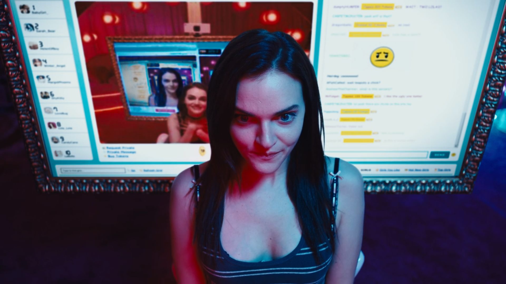 Alice (Madeline Brewer) faces down against her doppelganger in Cam (2018)