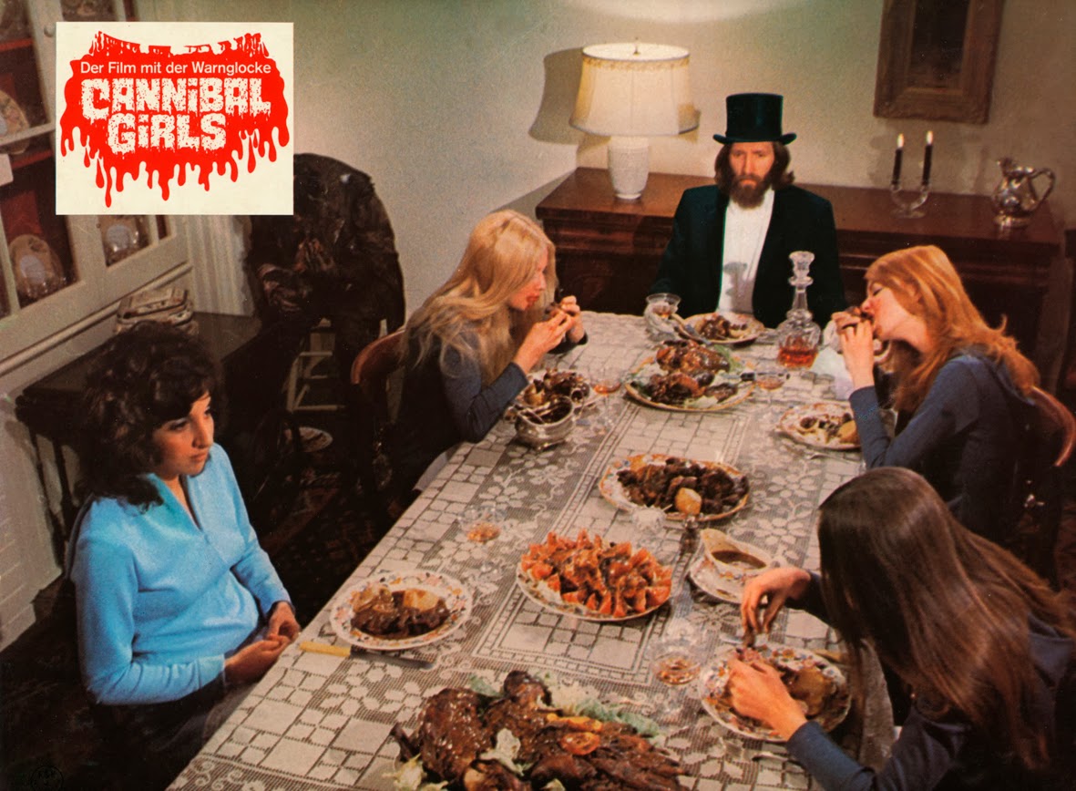 Sitting down to dinner at the hotel - (clockwise from left) Andrea Martin, Randall Carpenter, Ronald Ulrich, Bonnie Nielson and Mira Pawluk in Cannibal Girls (1973)