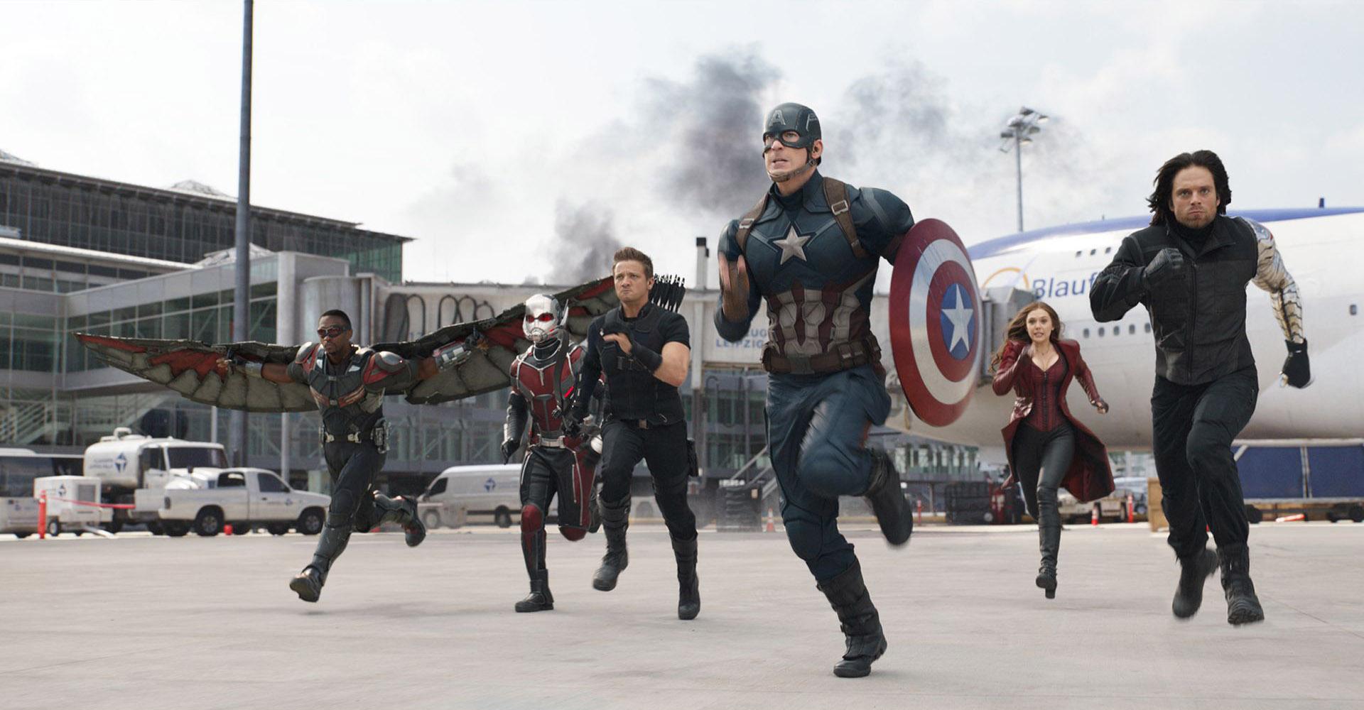 The Falcon (Anthony Mackie), Ant-Man (Paul Rudd), Hawkeye (Jeremy Renner), Captain America (Chris Evans), Scarlet Witch (Elizabeth Olsen) and Bucky Barnes (Sebastian Stan) in Captain America: Civil War (2016)