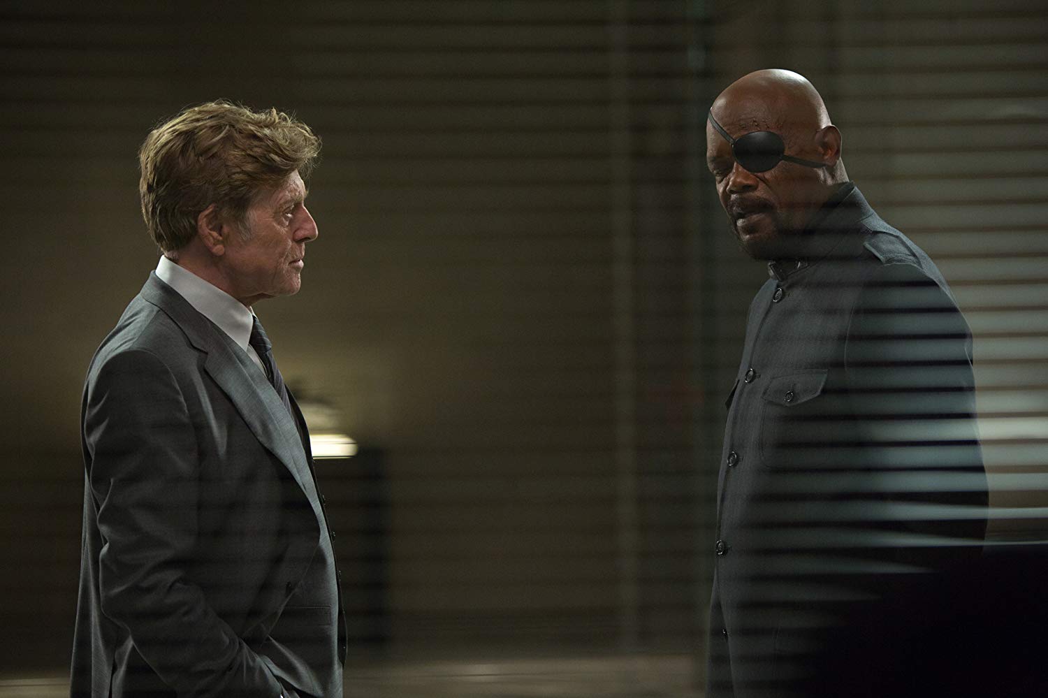 Alexander Pierce (Robert Redford) and Nick Fury (Samuel L. Jackson) in Captain America: The Winter Soldier (2014)