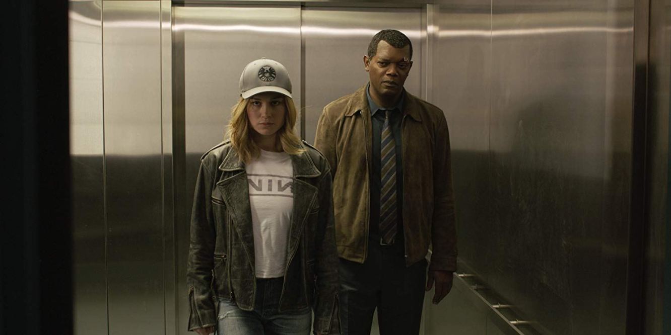 Brie Larson and Samuel L. Jackson infiltrate a US Air Force base in Captain Marvel (2019)