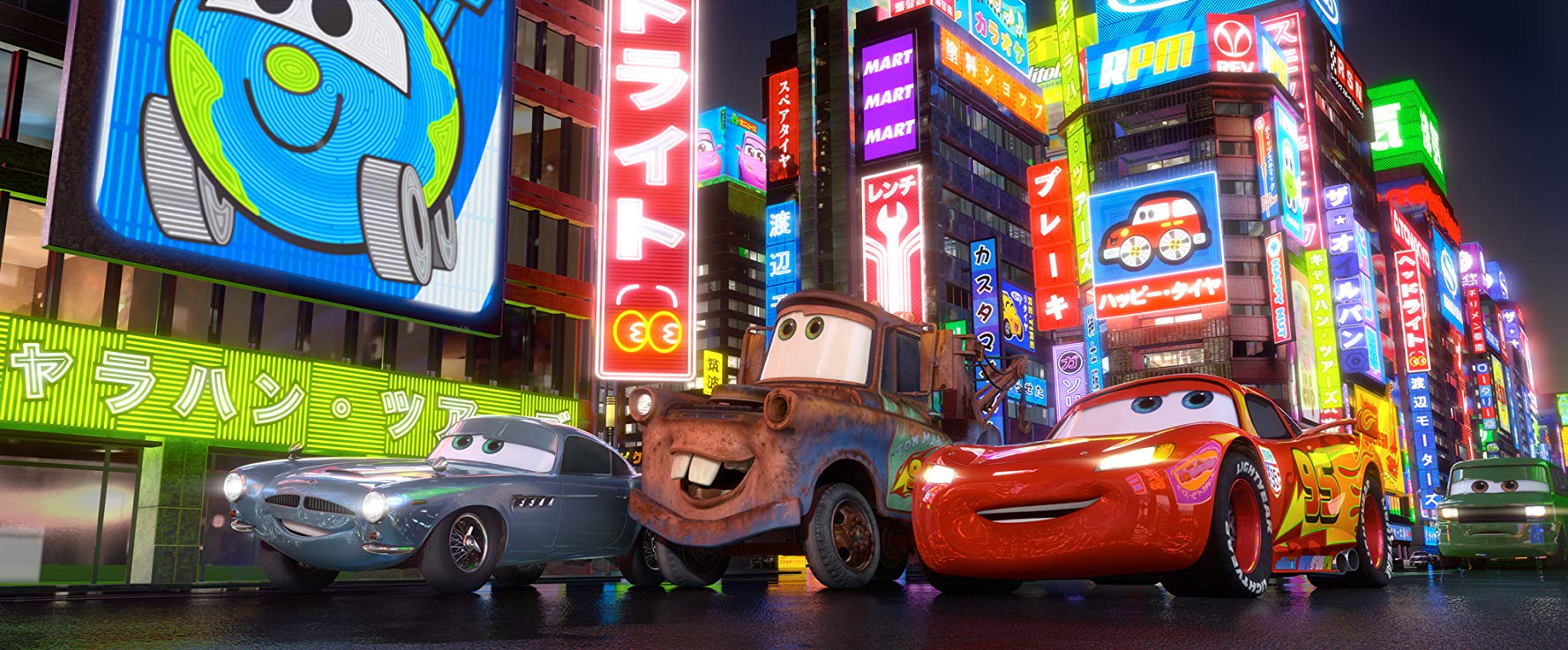 Finn McMissile (voiced by Michael Caine), Mater (voiced by Larry the Cable Guy) and Lightning McQueen (voiced by Owen Wilson) visit Japan in Cars 2 (2011)