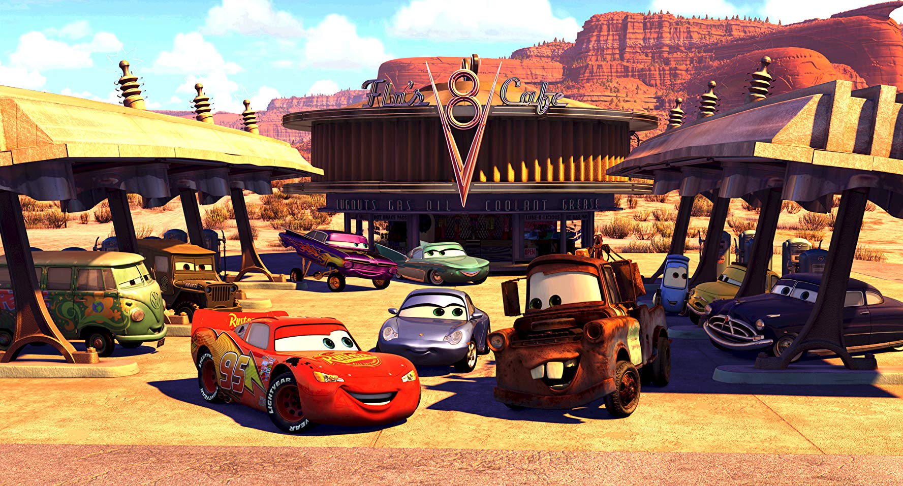 Lightning McQueen discovers the joys of the quiet life among the vehicles of Radiator Springs in Cars (2006)