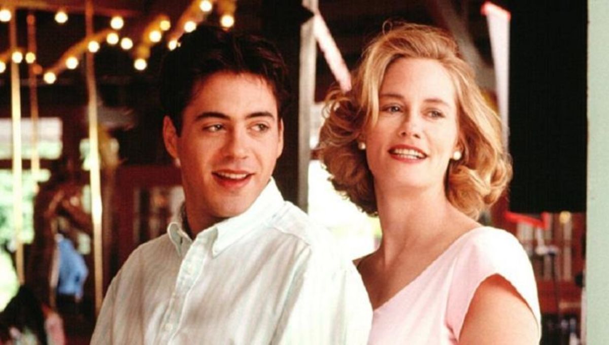 Cybill Shepherd romances her late husband reincarnated in the body of daughter's boyfriend Robert Downey Jr in Chances Are (1989)