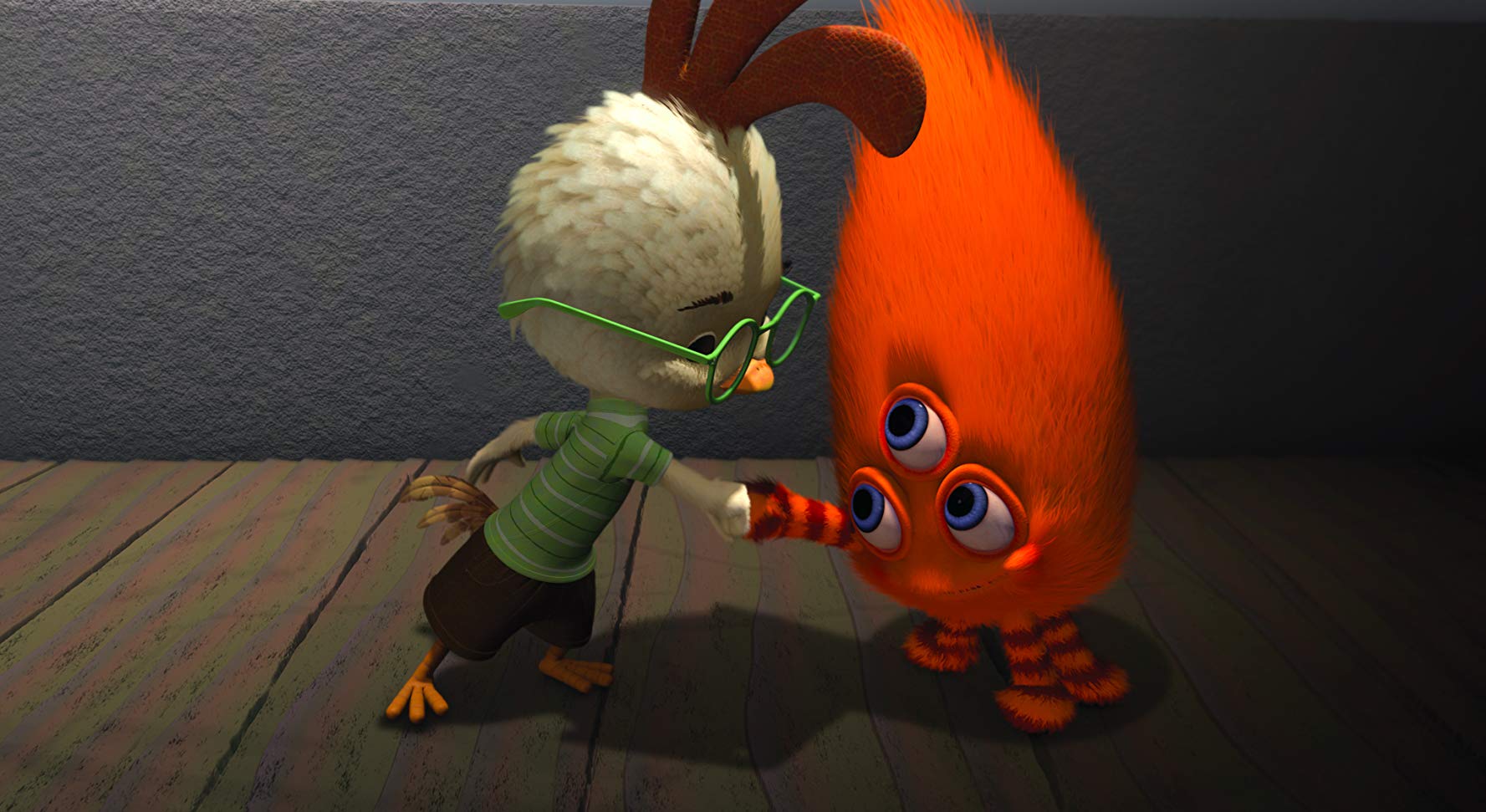 Chicken Little (voiced by Zach Braff) greets the alien visitors in Chicken Little (2005)