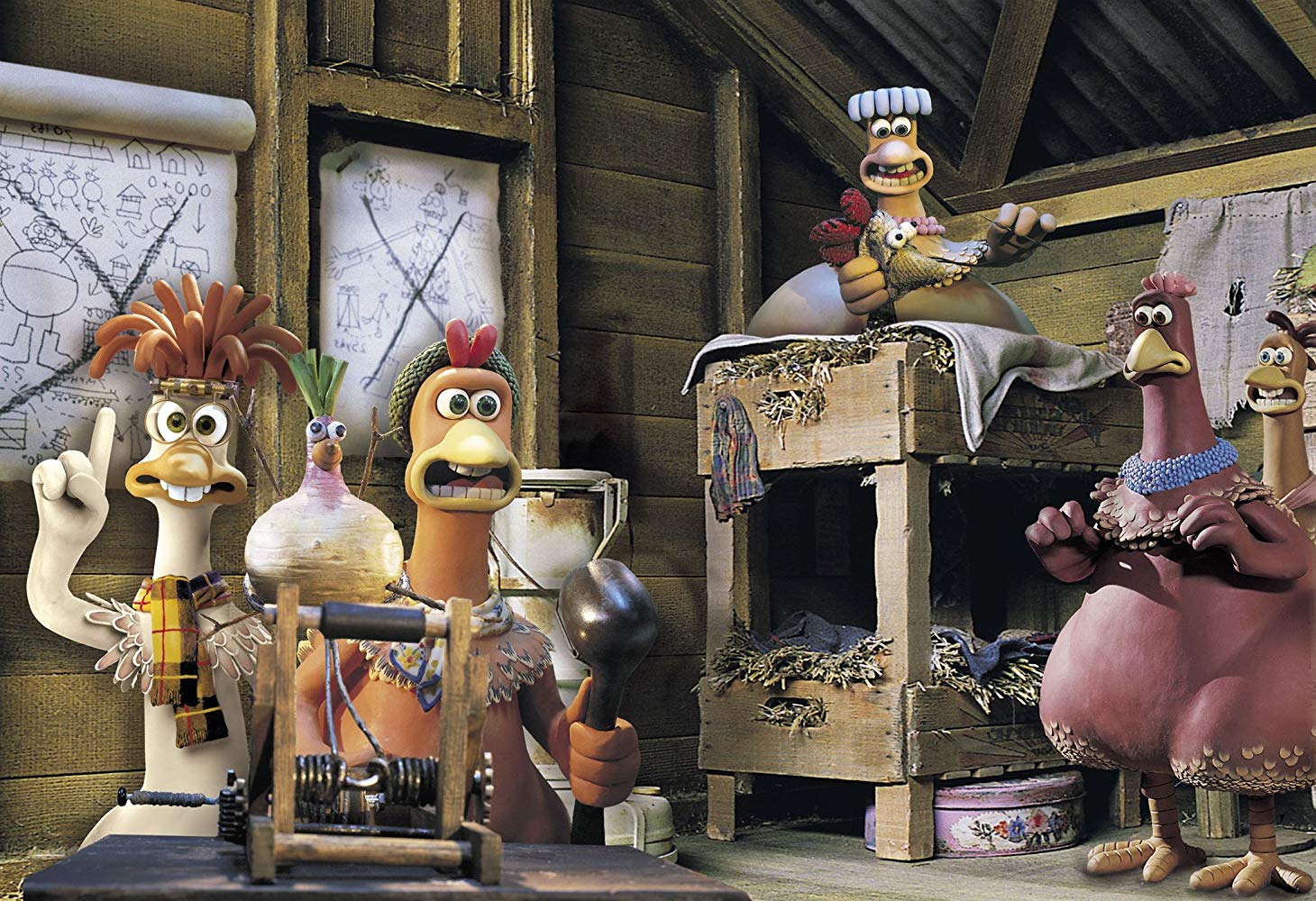 Parody of a WWII escape movie conducted with talking chickens in Chicken Run (2000)