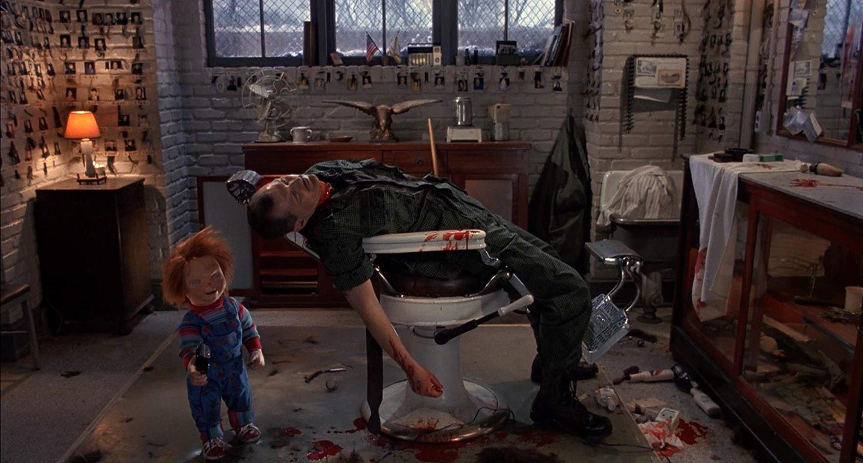 Chucky slaughters barber Andrew Robinson in Child's Play 3 (1991)