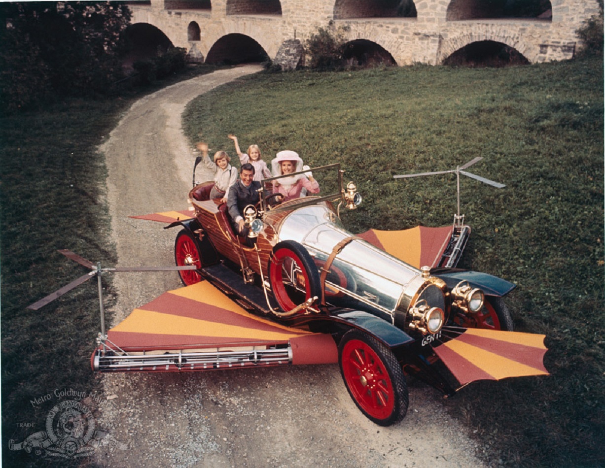 Preparing to take flight in the car - Dick Van Dyke and Sally Ann Howes; Adrian Hall and Heather Ripley in Chitty Chitty Bang Bang (1968)