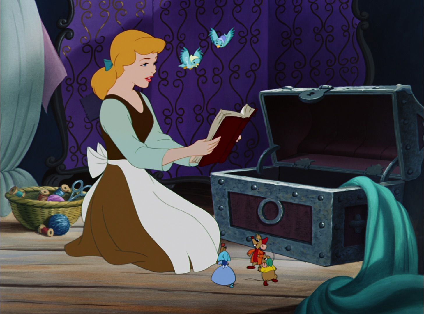 Cinderella (voiced by Ilene Woods) and animal companions in Cinderella (1950)