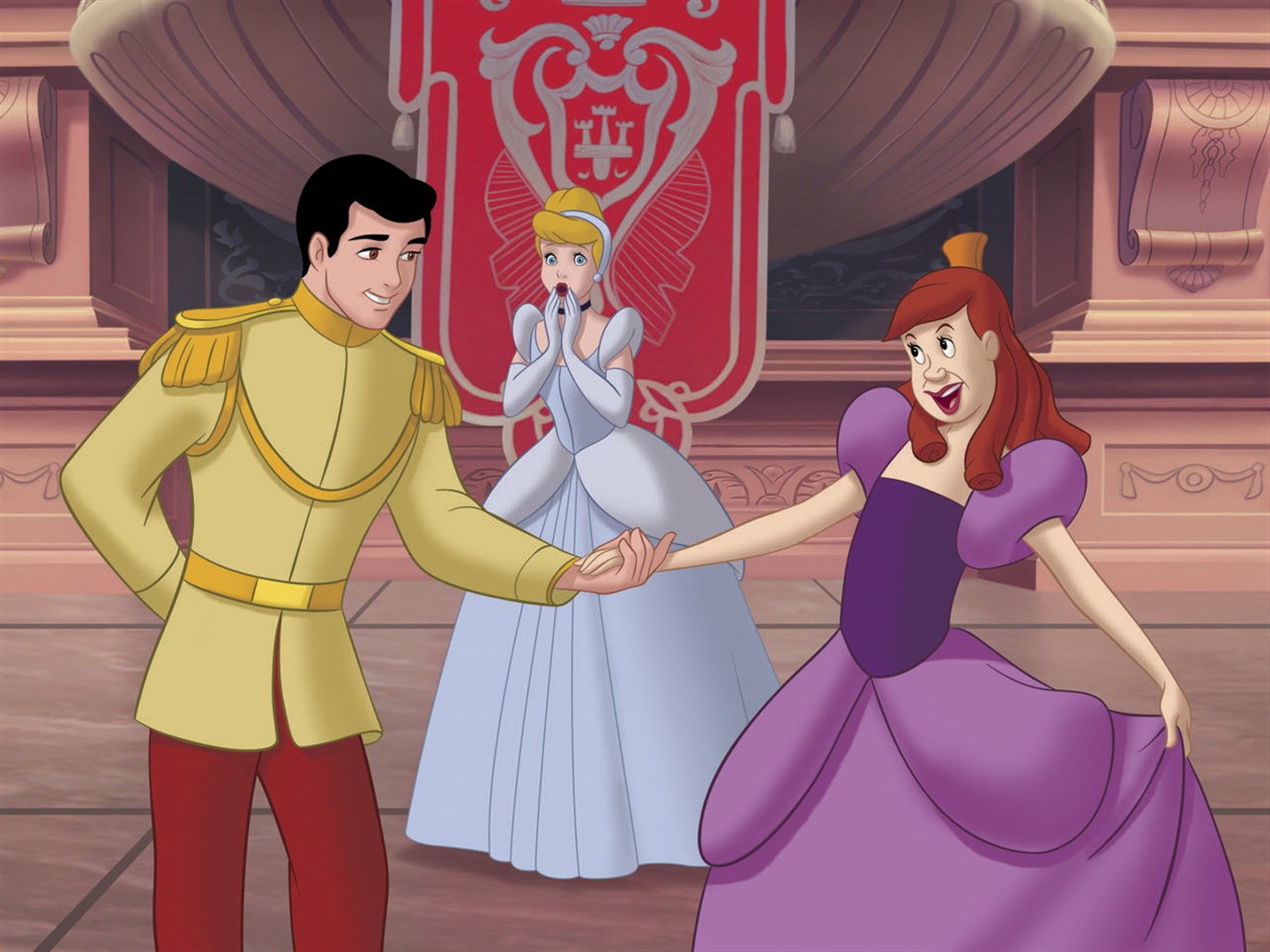 Cinderella (c) looks on in the alternate reality where Prince Charming falls for Anastasia in Cinderella III: A Twist in Time (2007)