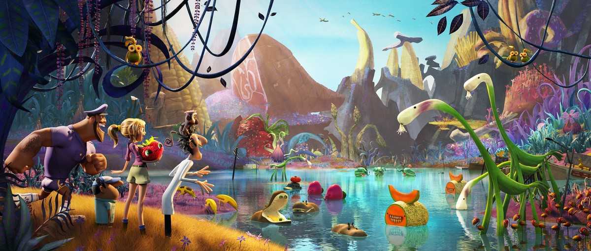 Earl Devereaux, Manny the cameraman, Sam Sparks, Barry the strawberry, Flint Lockwood and Steve the monkey observe an island of living food in Cloudy With a Chance of Meatballs 2 (2013)