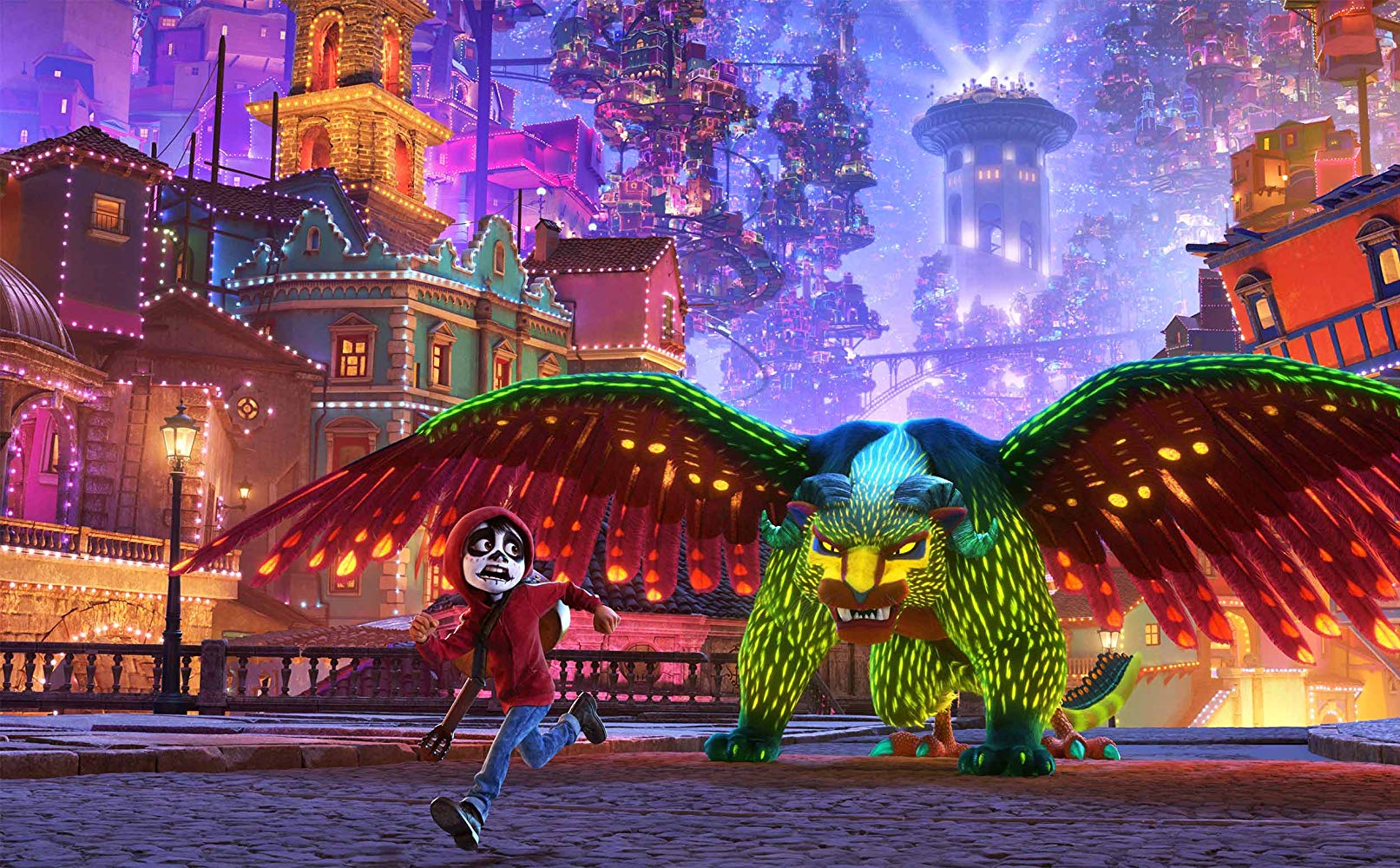 Miguel pursued through the afterlife by an alebrije in Coco (2017)