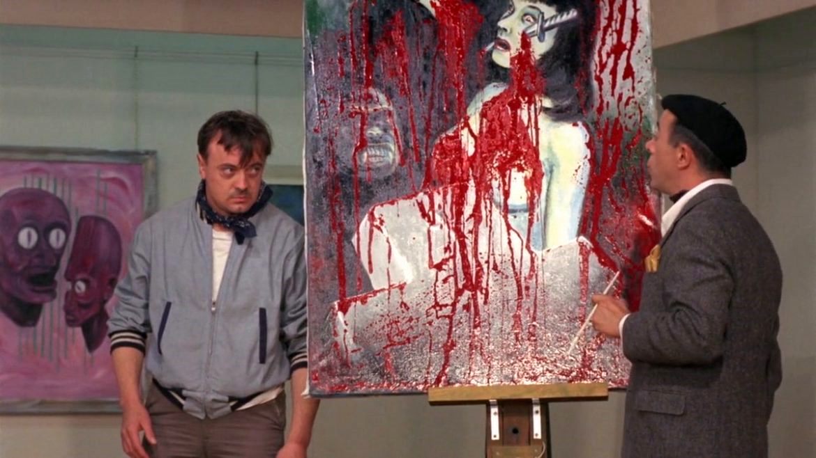 Adam Sorg (Don Joseph) stands by one of his paintings in front of rival artist Scott H. Hall in Color Me Blood Red (1965)